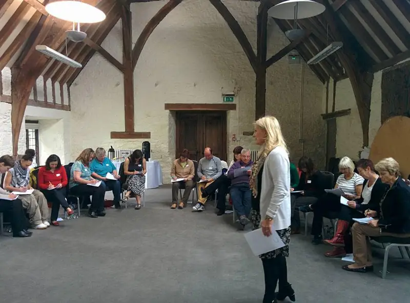 Training hypnotherapists and coaches Sonya Hudson leading a hypnotherapy and coaching training group